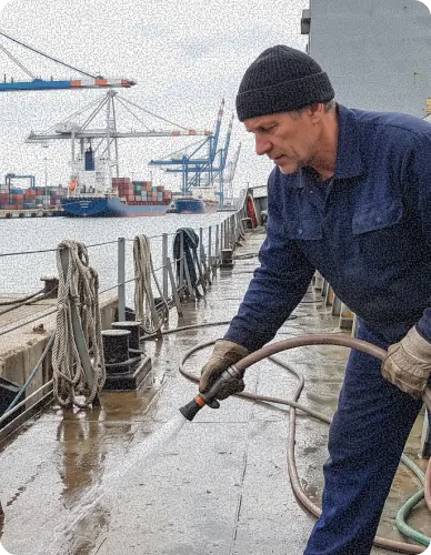 матрос в порту убирает территорию